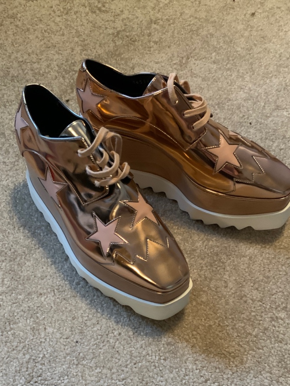 Metallic Rose Gold Platform Lace-Up Oxfords with Star Appliqué